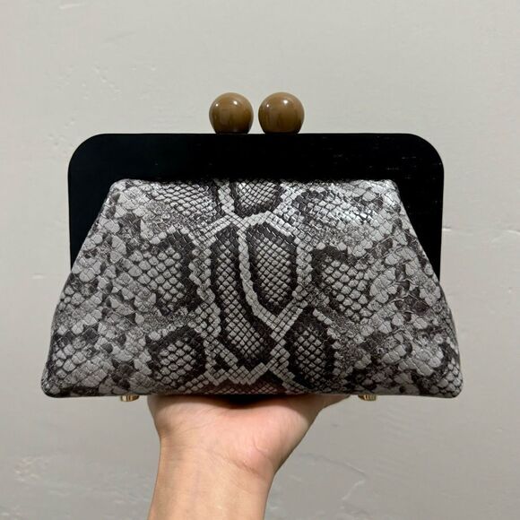 Snake Embossed Leather Handmade Wooden Frame Clutch, Wristlet, Crossbody Bag - Picture 6 of 16